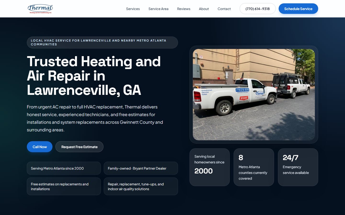 The Thermal Heating and Air Conditioning website homepage, built by Kairo